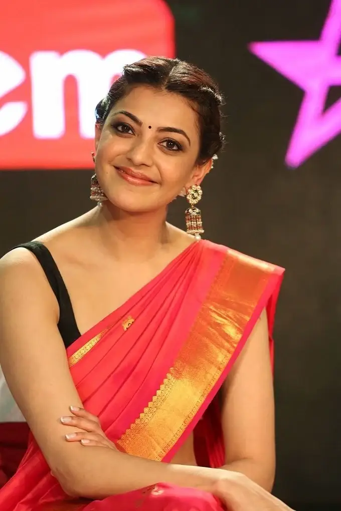 Indian Girl Kajal Aggarwal In Sleeveless Red Saree